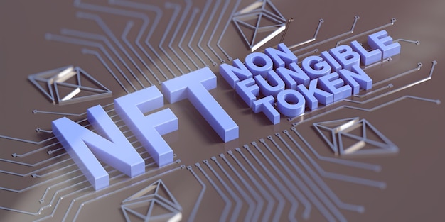 Foto nft non fungible token text auf dunklem abstraktem technologiehintergrund 3d-illustration