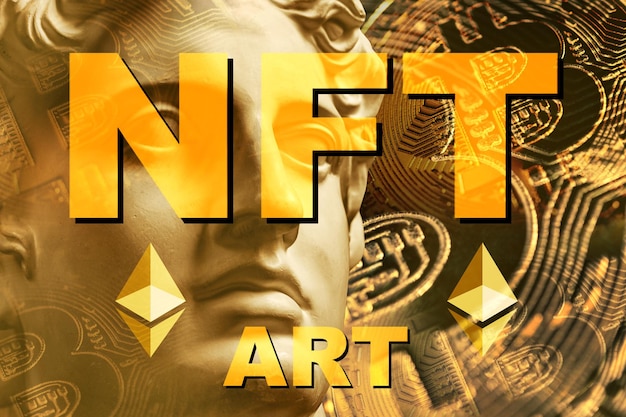 Nft token não fungível. conceito de arte criptográfica. tecnologia que vende itens colecionáveis exclusivos, personagens de jogos, ativos de blockchain e arte digital. futuro do mercado de arte. criptomoedas e e-commerce.