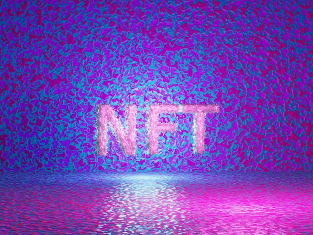 NFT, token não fungível, texto na sala de violeta de tecnologia vívida. Token não reembolsável. Renderização 3D.