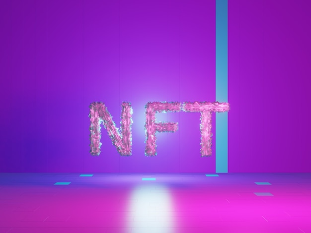 NFT, token no fungible, texto en una sala violeta de tecnología vívida. Token no reembolsable. Render 3D.