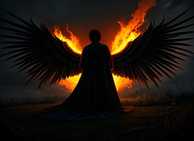 Ángel ardiente alas de dragón fondo de fantasía de humor atmosférico oscuro