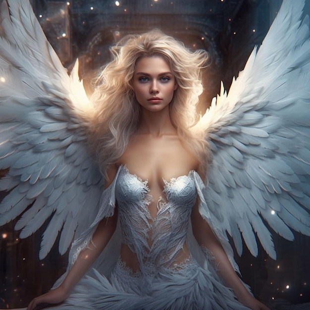 Ángel de mujer maravillosa y hermosa con vestido de alas masivas