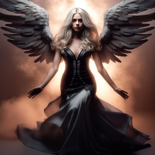 Ángel de mujer maravillosa y hermosa con vestido de alas masivas