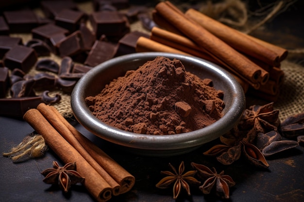 Ángulo alto de caramelo de chocolate con polvo de cacao y palitos de canela