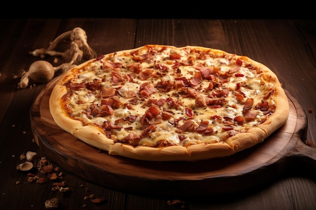 Ángulo alto de deliciosa pizza cozida em tábua de madeira