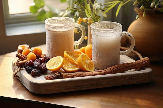 Ángulo alto de sobremesas de frutas em prato com vaso e planta