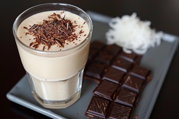 Ângulo alto de vidro de milkshake em bandeja com coco de chocolate