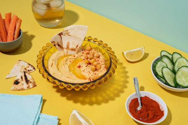 Ángulo alto de hummus y pepino