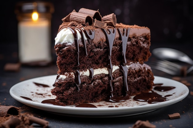 Ángulo alto de pastel de chocolate en el plato sostenido