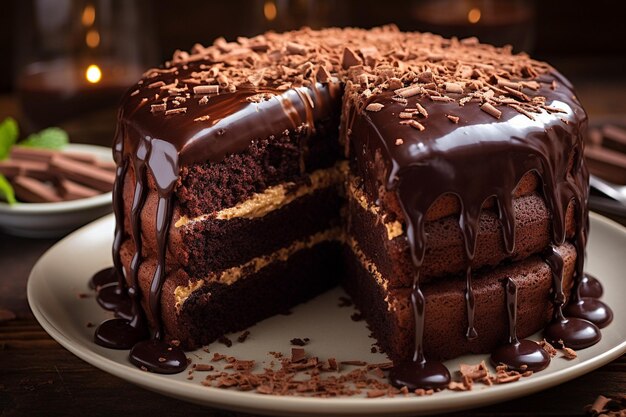 Ángulo alto de pastel con tapa de chocolate y palitos de canela