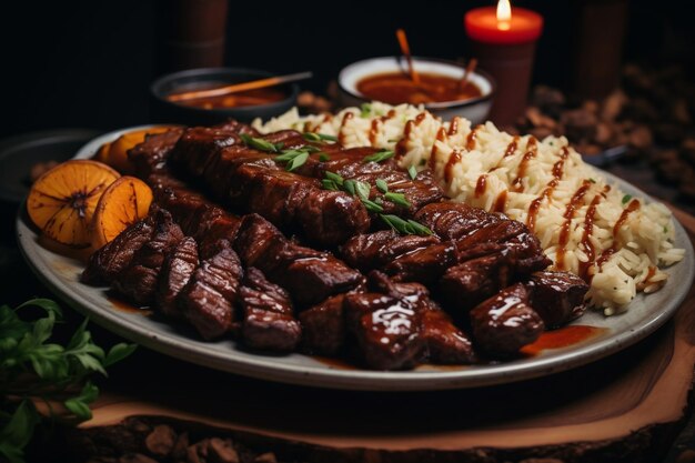 Ángulo alto de plato asiático en el plato con carne y arroz