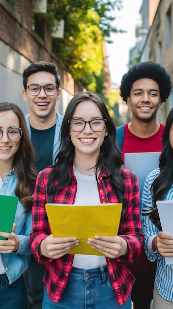 Ángulo baixo de equipe alegre de alunos passou o teste preparando todos juntos