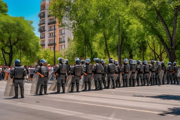 Ângulo baixo de soldados anônimos da polícia em uniformes de proteção e capacetes contra a van do esquadrão e defendendo por escudos antimotim Rede neural gerada por IA