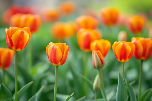 Ángulo vertical alto de hermosos tulipanes naranjas capturados en un jardín de tulipanes
