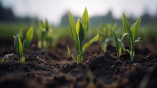 Ángulo de visión baja de plantas jóvenes de maíz en un campo