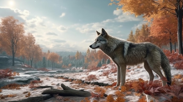 Ángulo de vista del suelo un lobo en el invierno otoño IA generativa