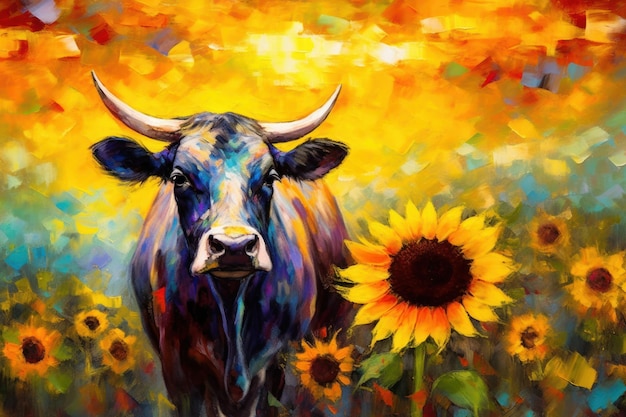 Nguni Bull Buffalo hecho de pintura al óleo arte moderno con girasol IA generativa