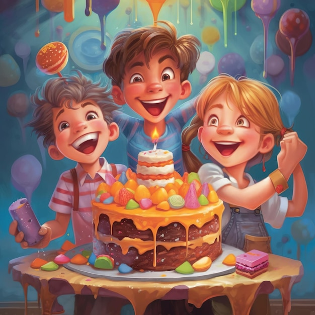 NIÑOS FELICES CON PASTEL