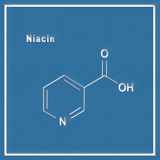 Niacin (Nikotinsäure)-Molekül, Vitamin B3 Chemische Strukturformel auf weißem Hintergrund