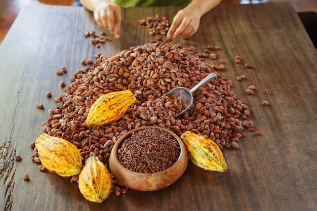 Nibs de cacao y frutos de cacao en mesa de madera
