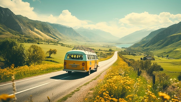 Ônibus à moda antiga atravessa a cena rural transportando turistas