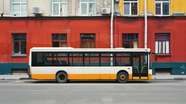 Ônibus amarelo e branco estacionado na frente do edifício