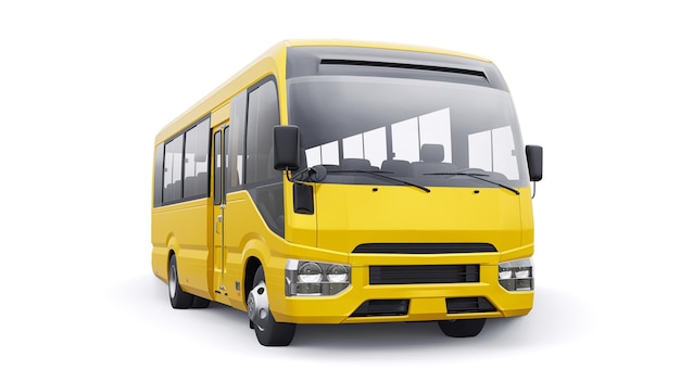 Ônibus amarelo pequeno para urbano e suburbano para viagens Carro com corpo vazio para ilustração 3d de design e publicidade