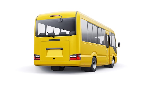 Ônibus amarelo pequeno para urbano e suburbano para viagens Carro com corpo vazio para ilustração 3d de design e publicidade