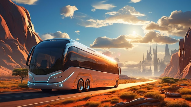 Ônibus branco movendo-se rapidamente na estrada em uma cidade moderna com efeito de luz Generative AI