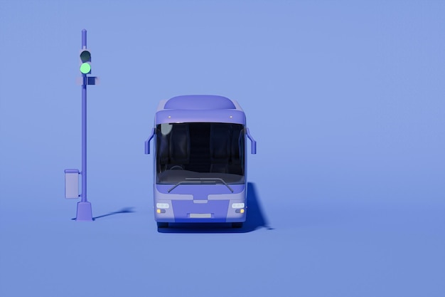 Ônibus da cidade e bicicleta, luz de rua sobre fundo azul roxo. Composição criativa. renderização 3D