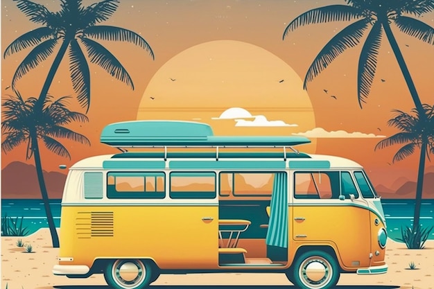 Ônibus de férias de verão Pôr-do-sol Praia tropical Retro Modelo horizontal Poster vetor plano