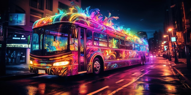 Ônibus de néon colorido na rua com luzes coloridas