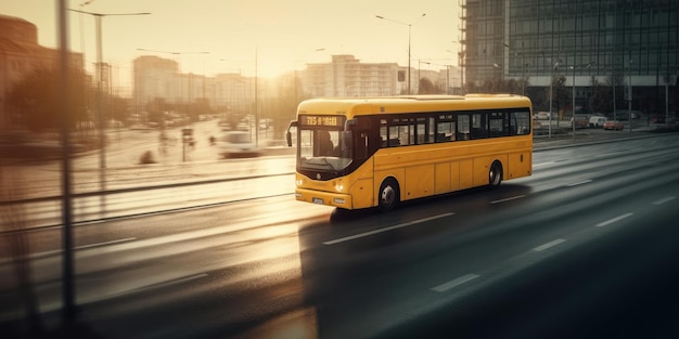 Ônibus dirigindo na estrada com fundo de desfoque de movimento da paisagem urbana Generative Ai