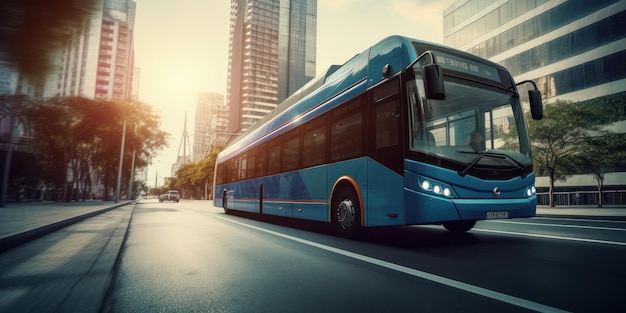 Ônibus dirigindo na estrada com fundo desfocado da paisagem urbana Viagens e transporte Generative Ai