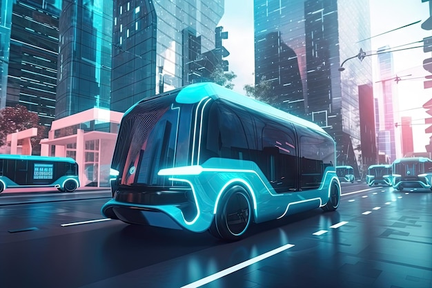 Ônibus elétrico futurista viajando na rua movimentada da cidade com arranha-céus futuristas ao fundo