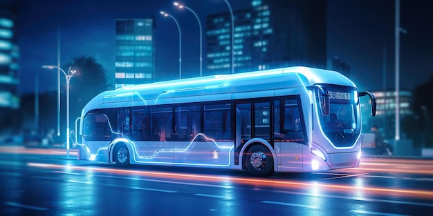 Ônibus elétrico moderno percorre a cidade futurista apresentando o conceito de transporte ecológico contemporâneo Generative AI