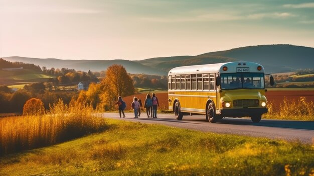 Ônibus escolar a caminho da escola para pegar estudantes nos subúrbios