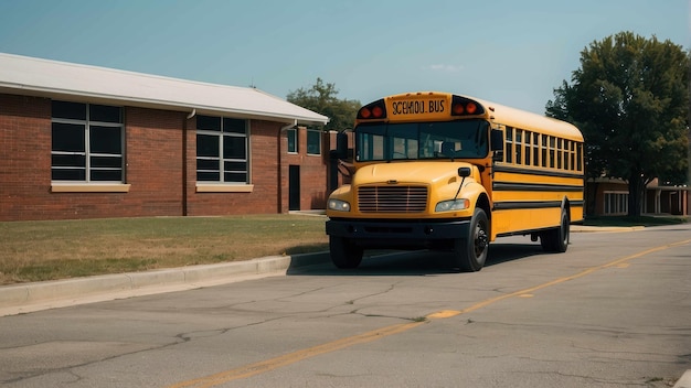 Ônibus escolar amarelo estacionado em frente à escola