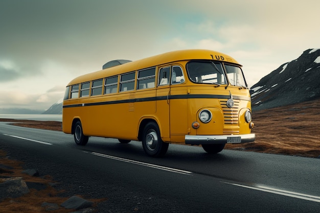 Ônibus escolar amarelo na estrada na Islândia 3D Rendering