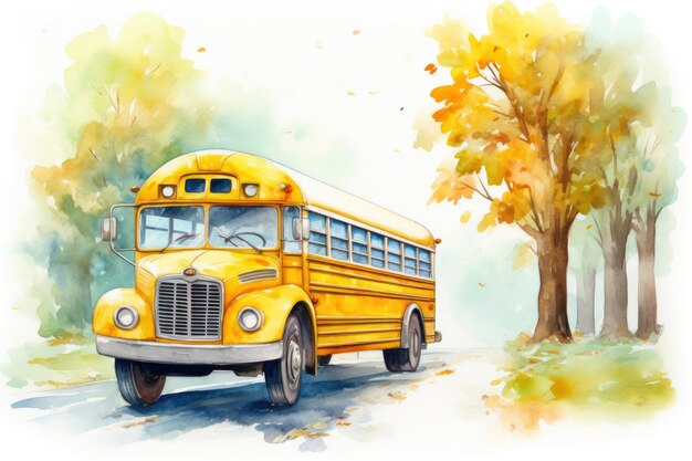 Ônibus escolar em aquarela
