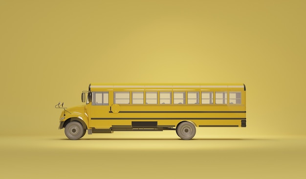 Ônibus escolar isolado no conceito de fundo amarelo pastel de voltar às aulas em 3D render