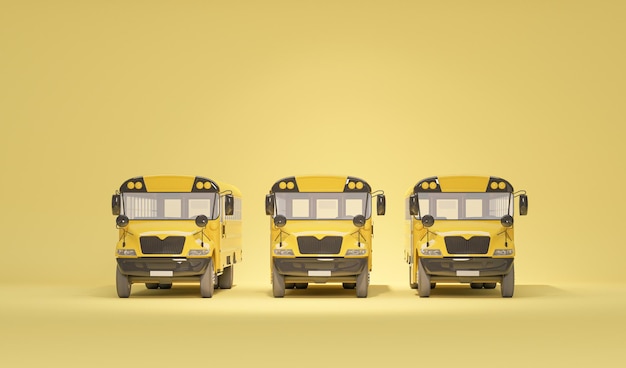 Ônibus escolar isolado no conceito de fundo amarelo pastel de voltar às aulas em 3D render