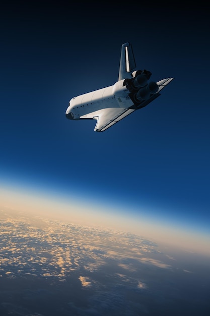 Ônibus espacial pousando no céu azul ilustração 3D