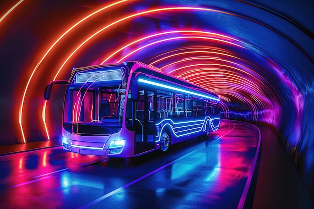 Ônibus futurista atravessando um túnel iluminado por neon