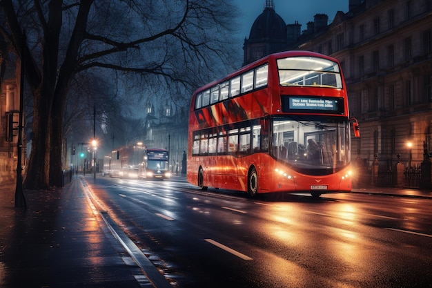 Ônibus moderno está transportando passageiros durante a noite em férias Generative Ai