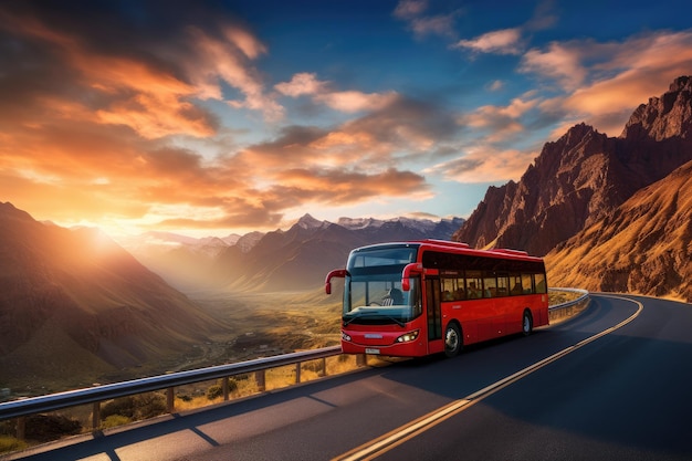 Ônibus moderno está transportando passageiros nas montanhas com o pôr do sol em férias Generative Ai