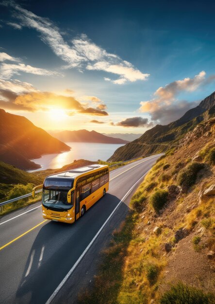 Ônibus moderno está transportando passageiros nas montanhas com o pôr do sol em férias Generative Ai