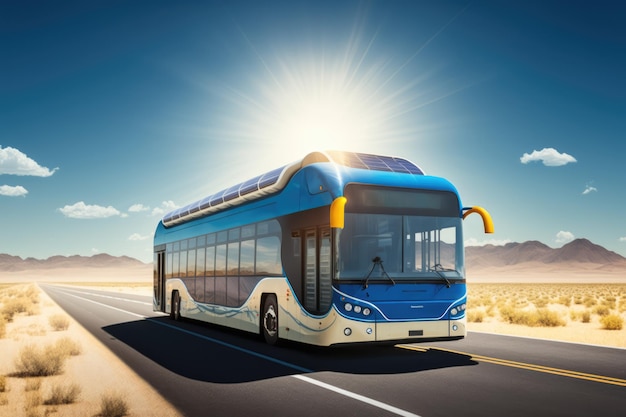 Ônibus movido a energia solar dirigindo no campo criado usando tecnologia de IA generativa