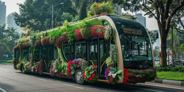 Ônibus urbano ecológico em meio a vegetação exuberante