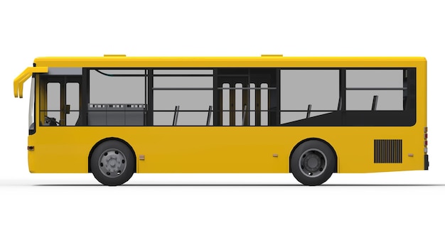 Ônibus urbano pequeno amarelo em um fundo branco. Renderização 3D.